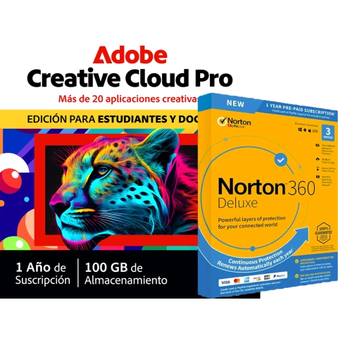 Adobe Creative Cloud Pro Student & Teacher Edition + Norton 360 Deluxe para 3 dispositivos | 1 Año