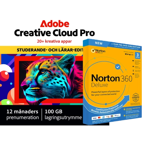 Adobe Creative Cloud Pro Student & Teacher Edition + Norton 360 Deluxe för 3 enheter | 1 år