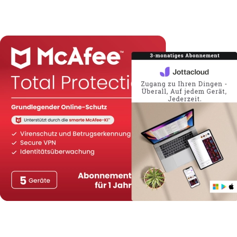 McAfee Total Protection - 1 Jahr - 5 Geräte + Jottacloud Personal Unlimited 3 Monate