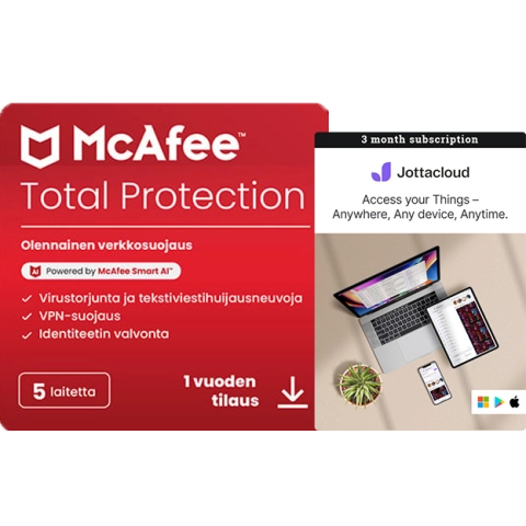 McAfee Total Protection - 1 Vuosi - 5 Laitteelle + Jottacloud Henkilökohtainen Rajoittamaton 3 Kuukautta