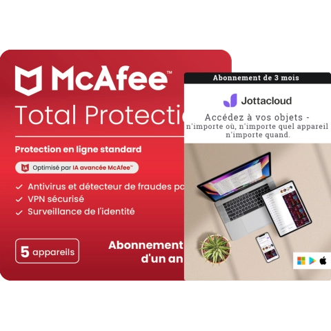 McAfee Total Protection - 1 an - 5 appareils + Jottacloud Personal illimité 3 mois