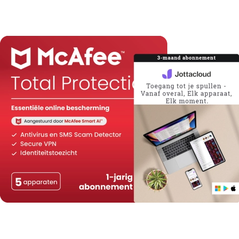 McAfee Total Protection - 1 Jaar - 5 Apparaten + Jottacloud Personal Unlimited 3 Maanden
