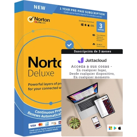 Norton 360 Deluxe | 3 dispositivos | 1 año + Jottacloud Personal Ilimitado 3 meses | Almacenamiento en la nube ilimitado