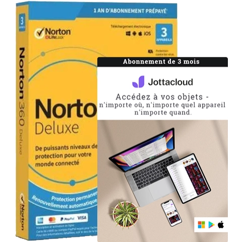 Norton 360 Deluxe | 3 appareils | 1 an + Jottacloud Personnel Illimité 3 mois | Stockage cloud illimité